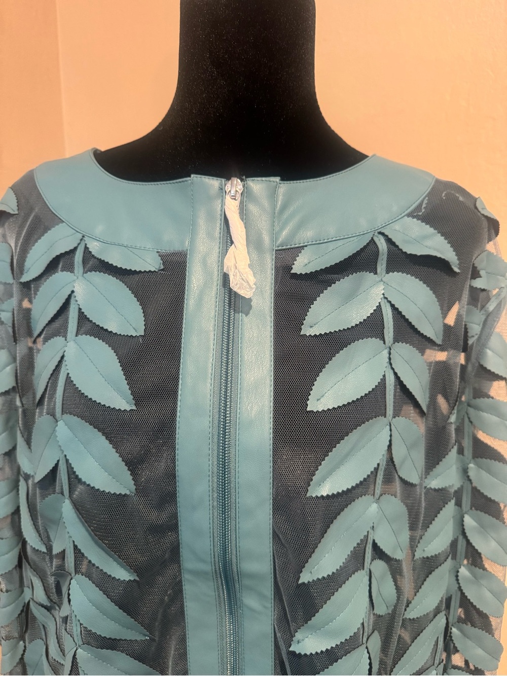 Modern Teal Mesh Faux Leather Leaf Jacket With Sheer Panel and Front Zipper - Picture 4 of 9